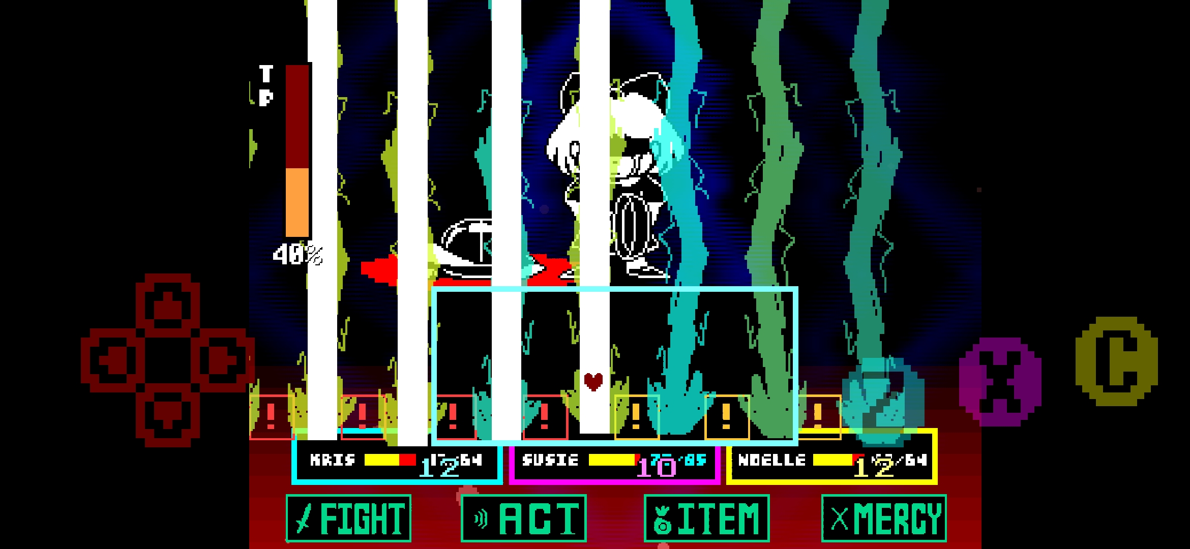 A lightning attack. It alternates its position twice, before getting longer, before having lightning chase the center of the Battle Box.